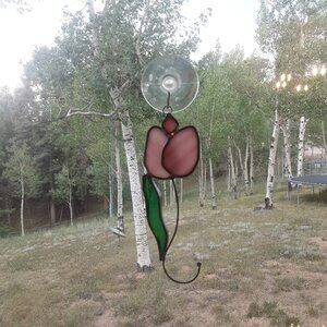 Pink and Green Stained Glass Flower on Stem Suncatcher. 6.5" X 2"